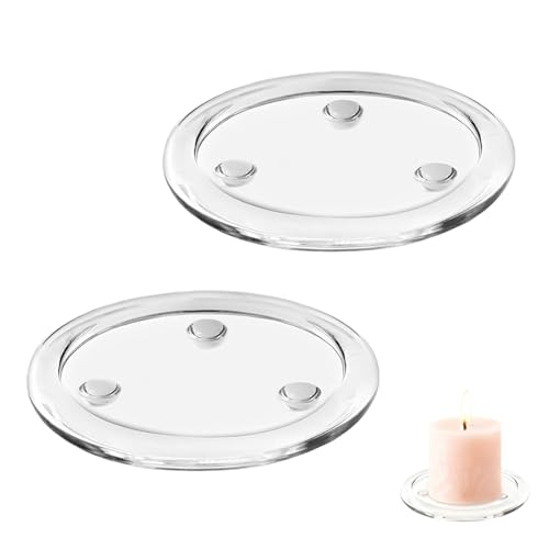 2Pcs Round Glass Candle Holders – 4Inches/10cm Clear Glass Candle Plates – Pillar Stand Pedestal Base for Wedding & Party Decorations – Home Candle Tray for Table Centerpieces