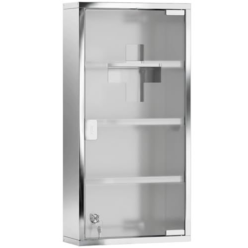 HOMCOM Armario de Medicinas Botiquín Gabinete de Primero Auxilios Acero INOX 4 Estantes Caja Colgante de Pared con Cerradura