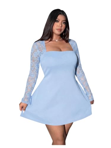 Image of Floerns Women's Plus Size Lace Sheer Long Sleeve Square Neck Mini Dresses | A Line, Curvy, Flare, Birthday, Night Out, Party, Wedding Guest, Formal, Mini Dress