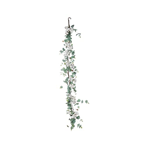TABLECLOTHSFACTORY 5 FT | Real Touch Green Eucalyptus Leaves Garland with White Natural Cotton Bolls for Wedding Events Decor
