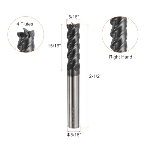 Image of HARFINGTON Carbide Square Nose End Mill Bit 5 /16 inch Cut Dia 4 Flutes TiAlN Coated Milling Cutter for Hardened Steel Metal (5 /16 inch Shank 15 /16 inch Cut Length 2-1 /2 inch Long 45 Degree Helix)