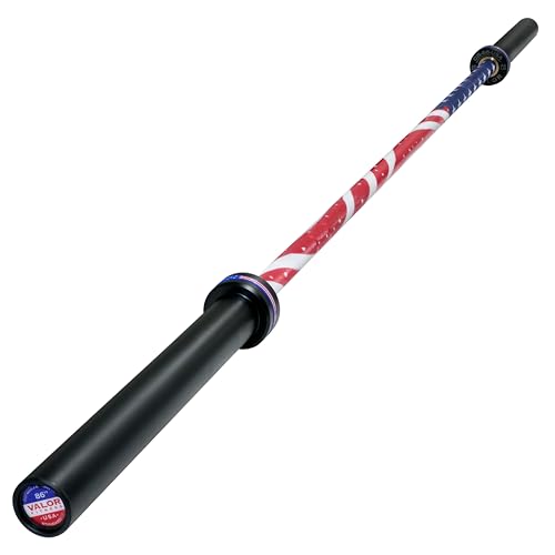 Valor Fitness Men's Needle Bearing Barbell 86' 28mm – Ceramic Coated American Flag Themed Olympic Bar, 1200 lb Capacity, Smooth Spin, Durable Chrome, Powerlifting & Strength Training