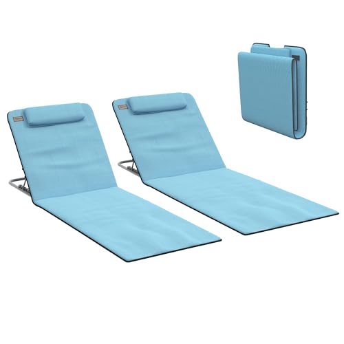Outsunny Conjunto de 2 Esterillas de Playa Plegables, Esterillas con Respaldo Reclinable en 5 Niveles, Reposacabezas y Bolsa de Transporte, 134x48x33-43 cm, Azul