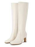 Coutgo Womens Square Toe Knee High Boots Wide Calf Chunky Heel Fashion Dressy Winter Shoes with Side Zipper,White, Size 8.5