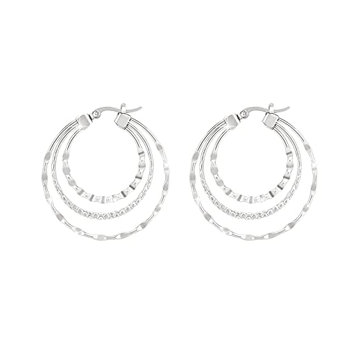 seOSTO Big Hoop Earrings, Stainless Steel Hoop Earrings, Plated Silver Lightweight Wire Clutchless Triple Hoop Earrings, Triple-round Wave Hoop Earrings for Women and Girl, 50mm (Sliver)