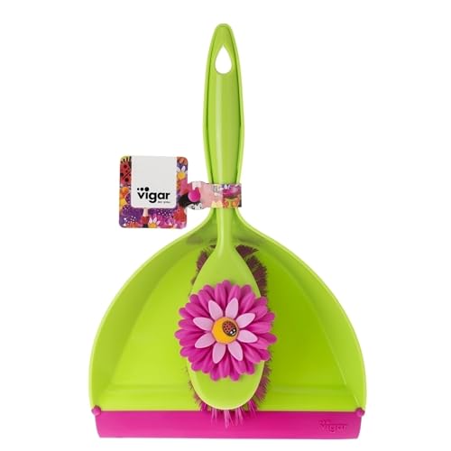 VIGAR Flower Power Kehrgarnitur mit Buntem Handfeger und Kehrblech, ABS, Polypropylen, rosa/grün, 35 x 6 x 35 cm – Bild 7