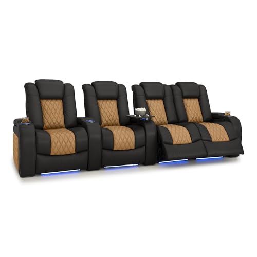 Image of Seatcraft Diamante Black /Tan Oak Italian Leather Home Theater Seating, Zero Gravity Power Recliner, Gaming and Home Office Chair, Powered Headrest Furniture for Cinema Room, Row of 4 Right Loveseats