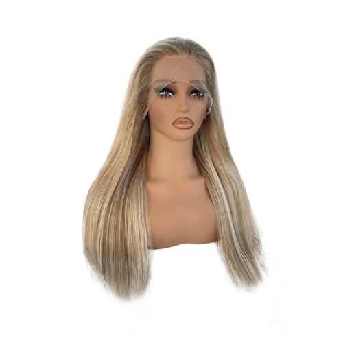 Image of Munx 13x6 HD Lace Front Human Hair Wigs for Women Ombre Highlight Light Brown Mixed Ash Blonde Colored Lace Frontal Wig 180% Density Thick 100% Remy Virgin Hair Wigs Bleached Konts with Baby Hair 26 inch