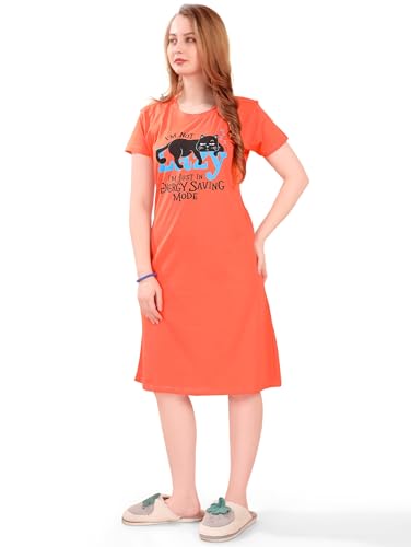 Image of Printed Knee Length Pocket Night Dresses for Women | Cat Lovers | Premium Soft Cotton Nighty | Sky Blue
