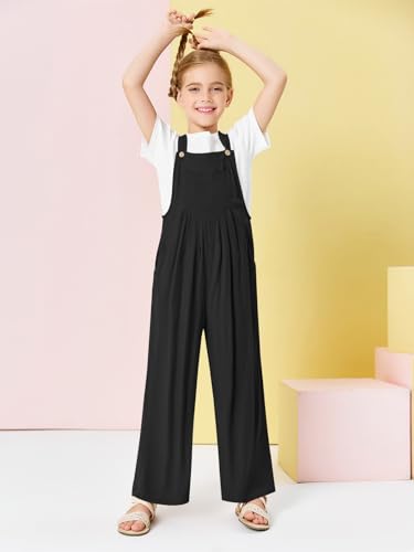 Image of Haloumoning Girls Overalls Kids Casual Sleeveless Wide Leg Jumpsuit Loose Rompers with Pockets 5-14 Years