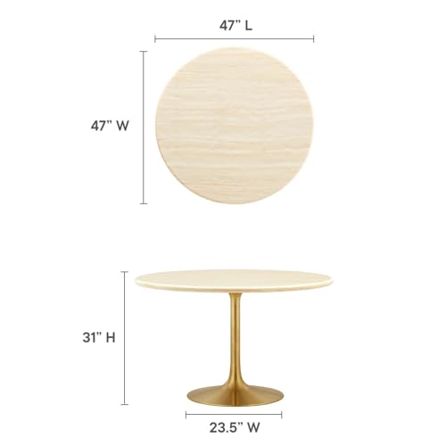 Image of Modway Lippa 48 inch Round Artificial Dining Table with Tapered, Metal Base, Gold Travertine