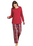 AmeriMark Pajama Sets Women Cotton Knit Top Plaid/Holiday Flannel Lounge Pants Scarlet 2X