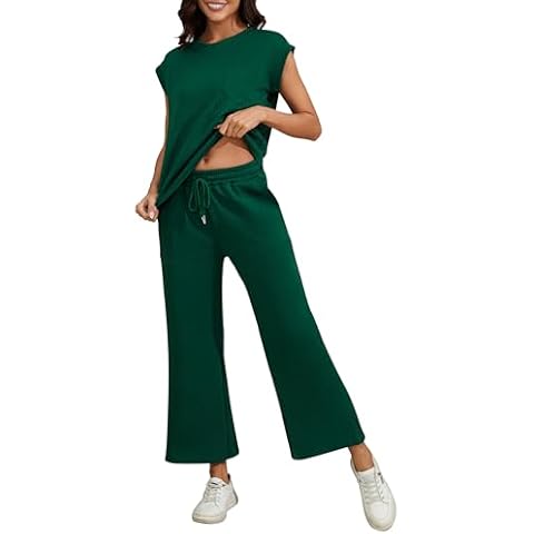 Taurus Womens 2 Piece Outfits Sleeveless Matching Lounge Sets Crew Neck Pullover Top and Drawstring Wide Leg Pants with Pockets Tracksuit Green M Cover