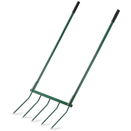Homwin Broadfork Garden Tool with Steel Handle Heavy Duty Five Tines Broad Fork for Gardening Loosening and Aerating Soil