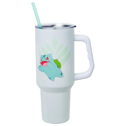 Image of Silver Buffalo Pokemon Featuring Bulbasaur Double Walled Stainless Steel Tumbler with Handle and Straw, Fits in Standard Cup Holder, 40 Ounces