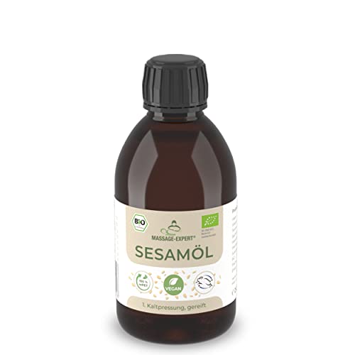 MASSAGE-EXPERT Aceite de sésamo orgánico prensado en frío, aceite base madurado para masajes, ayurveda, cuidado de la piel y cuidado del cabello [botella de 250 ml con pulverización]