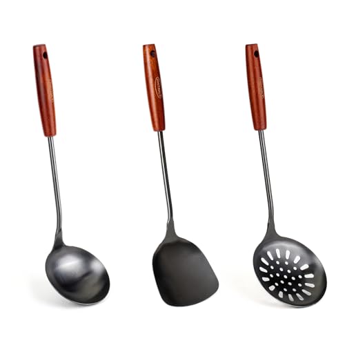 FJNATINH Wok Spatula and Ladle,Skimmer Ladle Tool Set, 17inches Spatula for Wok, 304 Stainless Steel...