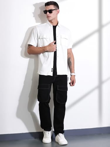 Image of Thomas Scott Men's | Solid | Half Sleeve | Slim Fit | Cotton Blend | Double Flap Pocket | Spread Collar | Casual Shirt