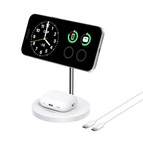 Anker MagSafe Compatible MagGo Charger Stand, iPhone 17 Wireless Charger, 2-in-1 Charging Station, Qi2 Certified 15W Fast Charging, for iPhone 17/16/15/14/13, AirPods Pro (White, with Cable)