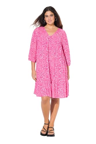 Ulla Popken Damen große Größen Übergrößen Plus Size Kleid Volantsaum A-Linie V-Ausschnitt 3/4-Arm kräftiges pink 42+ 837607800-42+