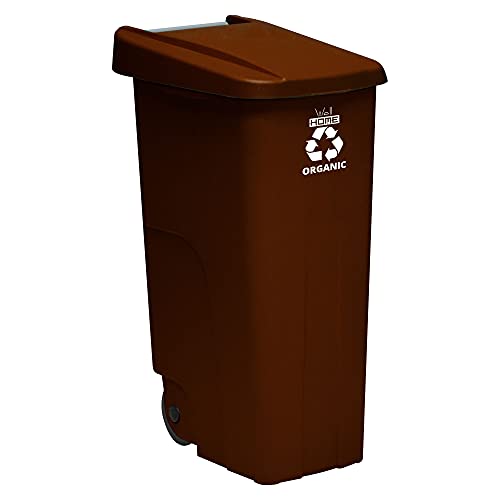 Contenedor - cubo de basura Wellhome Reciclo 110 litros,color marrón cerrado con tapa, ideal para reciclaje de residuos ORGÁNICOS, con ruedas