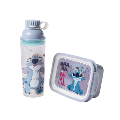 Kit Lancheira e Garrafa Stitch, Conjunto Infantil com Pote para Alimentos e Garrafa Decorativa, Azul