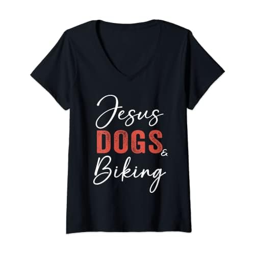 Womens Funny Biking Gifts Jesus Dogs And Biking Mountain Bike Trail V-Neck T-Shirt