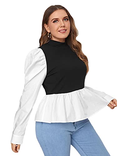 SheIn Women s Plus Colorblock Puff Long Sleeve Blouse Mock Neck Ruffle Peplum Shirt Tops Black XX-Large Plus