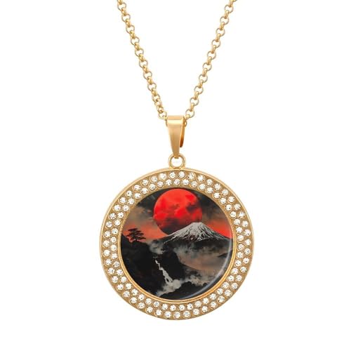 VstaDank Japanese Mount Red Sun Necklace Round Pendant Necklace Fashion Disc Necklaces Charm Circle Disk Dainty Necklace Coin Necklaces Chian Choker Trendy Jewelry for Women Men Golden
