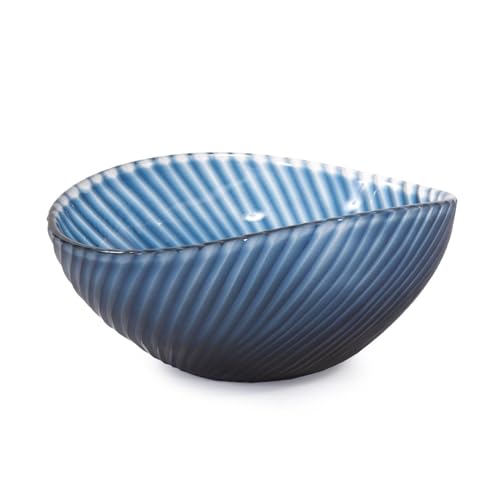 Image of Howard Elliott Collection Striped Blue Oval Hand Blown Glass Bowl for Centerpiece Decor, Hand Crafted Oceanic Crashing Waves Pattern, Table Decor for Home, Wedding and Dining Decorations 5 x 11.5 Inch
