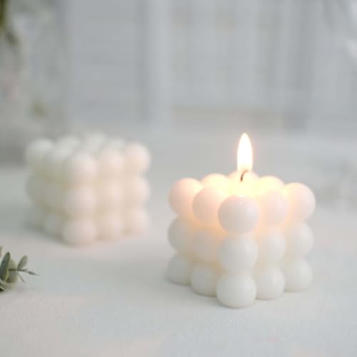 Efavormart 2 Pack White 2 Bubble Cube Paraffin Wax Candles Unscented Rubiks Cube Aesthetic Decorative Pillar Candles