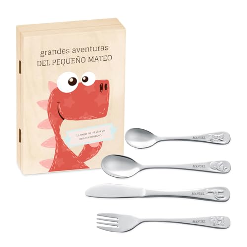 Maverton Cubiertos Acero Inoxidable Personalizado con Grabado - Set de 4 Piezas - Regalos Personalizados en Caja para Niños Bebe - Cutlery Set para Comunion Bautizo 1 año - Aventuras Maverton Cubiertos Acero Inoxidable Personalizado con Grabado - Set de 4 Piezas - Regalos Personalizados en Caja para Niños Bebe - Cutlery Set para Comunion Bautizo 1 año - Aventuras