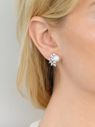 Silver Mariell Pearl and Marquise Cut CZ Crystal Wedding Earrings for Brides, Bridesmaids & Mother of the Bride3