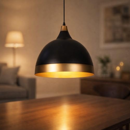 Image of DarkVision Modern Metal Black with Gold Shade Hanging Pendant Light Dome Shape with Adjustable Cord Ceiling Fixture for Kitchen Island, Bedroom, Living Room, Balcony, Dining Area (Bulb Included)