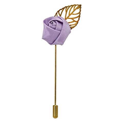 The Tie Co™ Flower With Leaf Fabric Flower Golden Lapel Pin Button Hole (Lilac) Cover