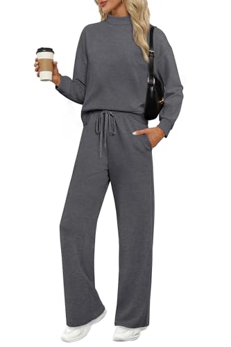 Image of WIHOLL Two Piece Sets for Women Fall Outfits Lounge Sets Mock Neck Tops Wide Leg Pants Vacation Travel Airport Outfits