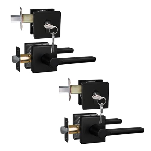 Image of NEWBANG Keyed Deadbolt Lock with Passage Lever Handle for Exterior Entrance in Matte Black, Heavy Duty and Reversible, HD1601-DB-DT-PS-SET-2P
