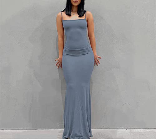 Image of Women Spaghetti Strap Cute Maxi Sleeveless Cami Dress Party Club Bodycon Dresses Dusty Blue S