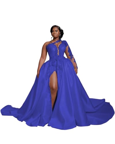 Applique Laces Bridal Dresses 2025 Long Sleeve Wedding Dress One Shoulder Formal Gown Satin Split Side Royal Blue