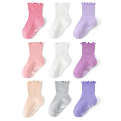 Image of Baby Toddler Ruffle Socks for Girls Cute Crew Grip Frilly Socks