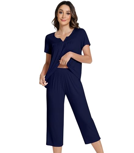 Image of NACHILA Pajamas Set for Women-Viscose Made from Bamboo, Short Sleeve Sleepwear with Capri Pants Pajama V Neck Cool Pjs Navy Blue S