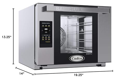 Cadco XAFT-04HS-TD 23 5/8" Bakerlux Touch Half-Size Heavy-Duty Digital Convection Oven w/Bottom Hinged Glass Door for Restaurant Hotel Food Truck Concession, 4 Shelves, Stainless Steel, 208/240V, NSF