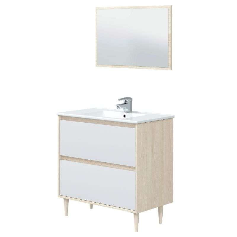 Miroytengo Mueble De Baño Verona con Patas y Lavabo Cerámico Color Blanco Brillo y Roble 80x45x80 cm