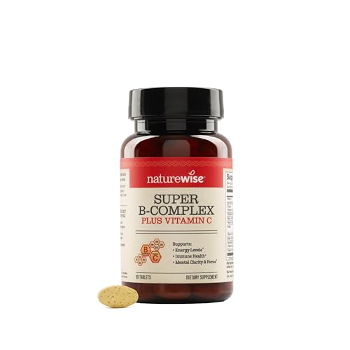 NatureWise Super Vitamine B Complex for Women and Men - with Vitamin C, Folic Acid Biotin B1 B2 B3 B6 B12 - Support Cellular Energy & Mental Clarity - Vegan, Gluten & Dairy Free, Non-GMO - 60 Tablets
