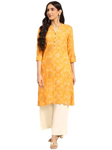 Image of rangita Women Rayon Regular Fit Calf Length Printed Straight Kurti | Kurta