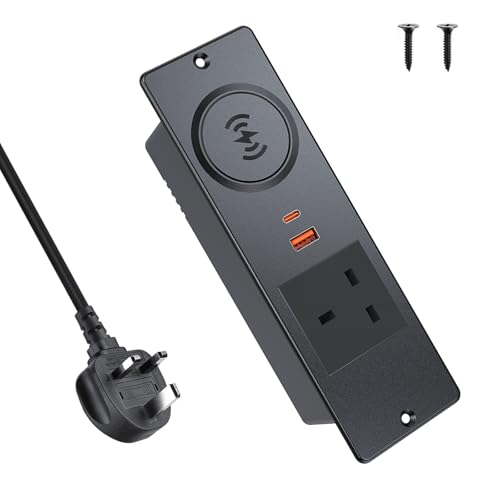 Image of 4 IN 1 Recessed Power Socket, Haiaoyyds Desk Socket with 15W Wireless Charging, USB-C PD 20W, USB-A QC 3.0 18W, 1 UK Socket, 2m Cable, 158 x 53mm Cut-Out, Black