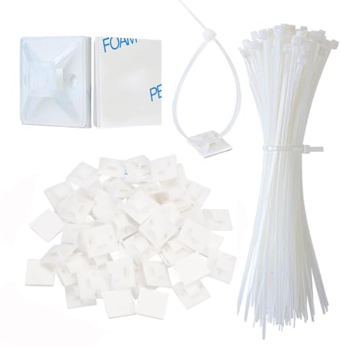 Image of 250Pcs 200mm Cable Ties with 20 x 20mm Zip Tie Adhesive Mounts Self Adhesive Base Holders, Outdoor Sticky Wire Fasteners Cable Clips Management Anchors Organizer Holders Squares (White)