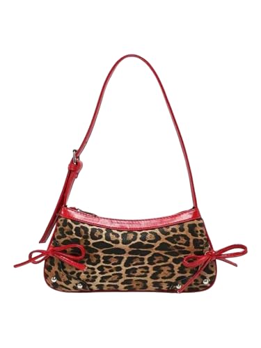 Women's Y2K Cheetah Bowknot Shoulder Handbags Studded Zipper Purse Small Underarm Bags