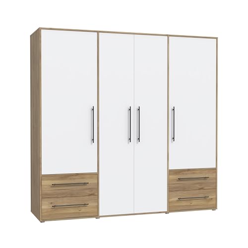 FORTE Jupiter Schrank 200 210, weißer Kleiderschrank, Drehtürenschrank, 4-türig, mit 4 Schubladen und Einlegeböden, Weiß mit Holz Dekor: Mauvella Eiche, 206 cm breit x 59 cm tief x 200 cm hoch FORTE Jupiter Schrank 200 210, weißer Kleiderschrank, Drehtürenschrank, 4-türig, mit 4 Schubladen und Einlegeböden, Weiß mit Holz Dekor: Mauvella Eiche, 206 cm breit x 59 cm tief x 200 cm hoch