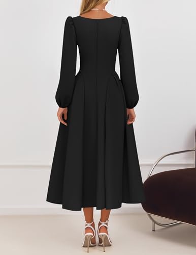 ZESICA Women's Long Sleeve Midi Dresses 2025 Fall Square Neck Hight Wasit A Line Flowy Wedding Cocktail Party Dress3